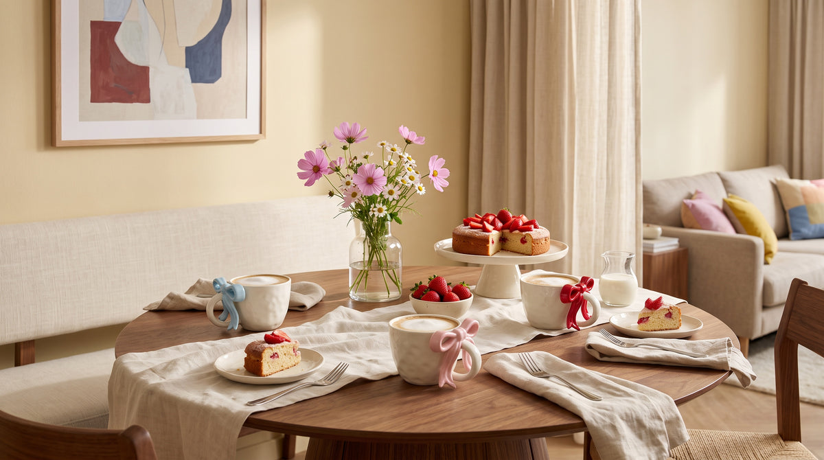 Ribbon bow mugs on a tea table with cake and flowers