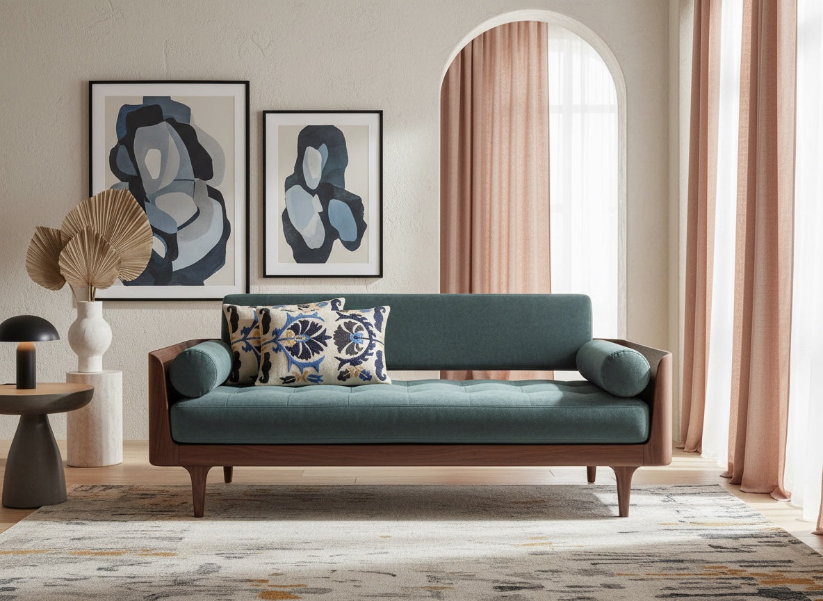 Blue Dori slub pillow on a teal sofa in a living room with framed portraits