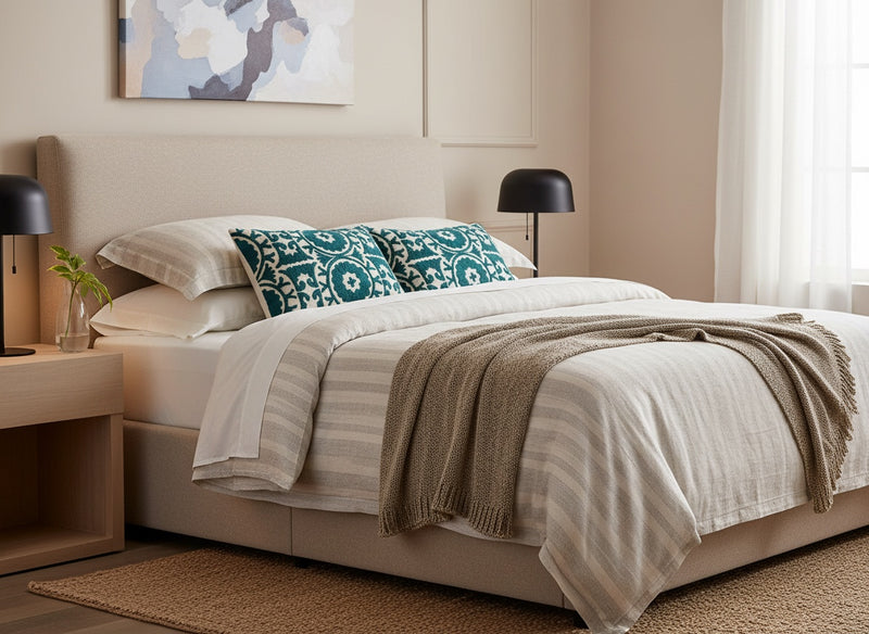 Teal Ari pillows on a bed with striped bedding and a grey throw