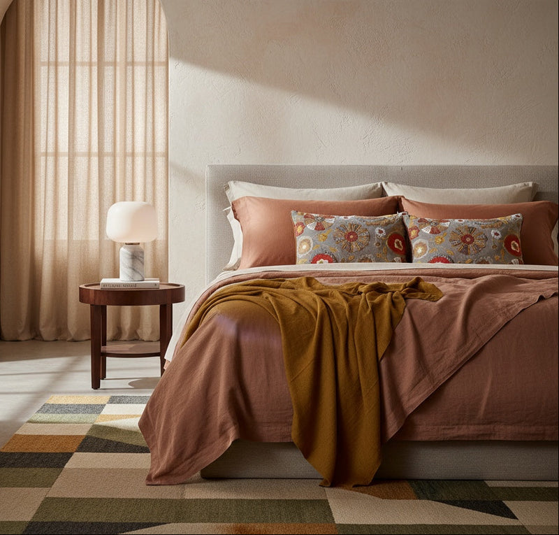 Beige layered Dori pillows on a bed with a rust throw in a warm bedroom