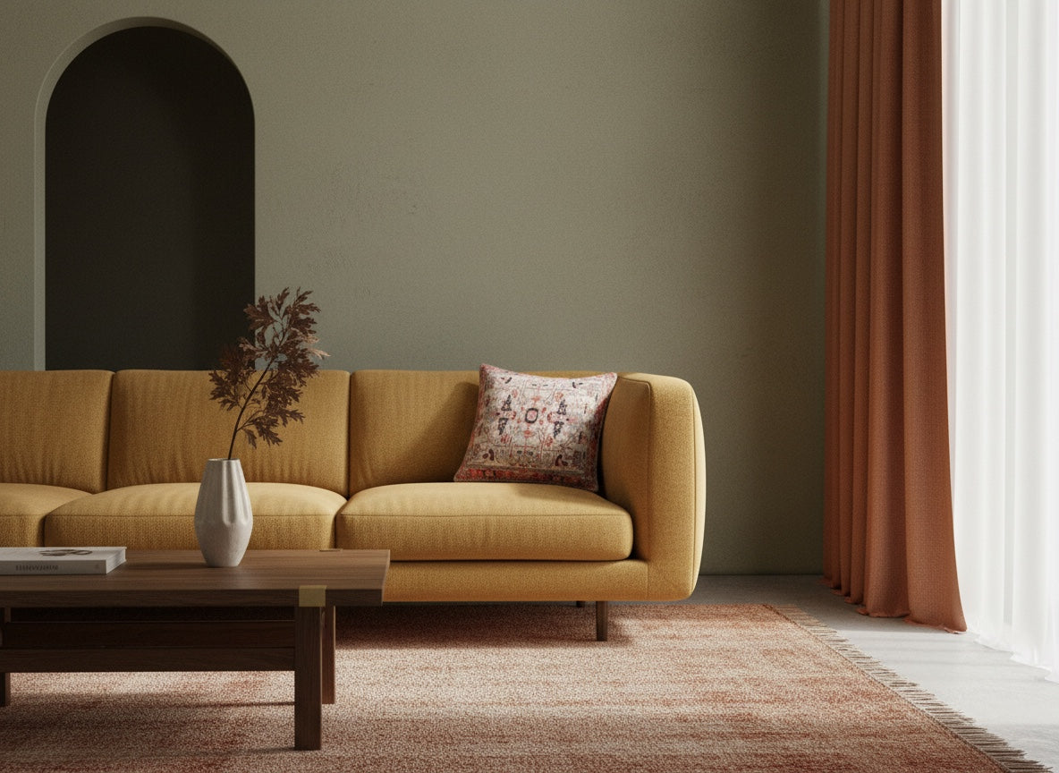 Multicolour slub print cushion cover on a mustard sofa