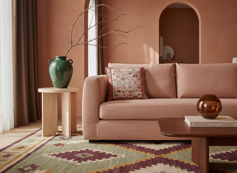 Mosaic slub print cushion on a blush sofa in an arched terracotta room
