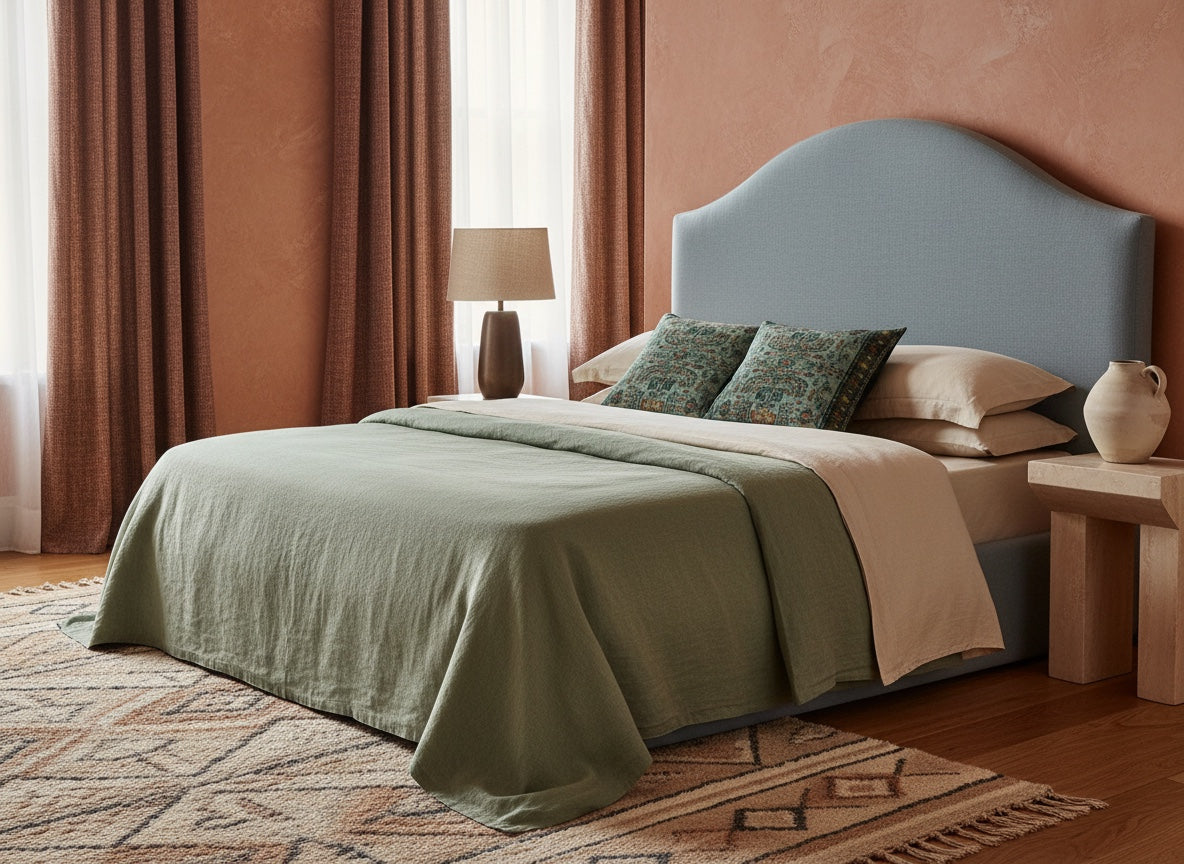 Green slub print cushions on a sage green bed in a terracotta bedroom