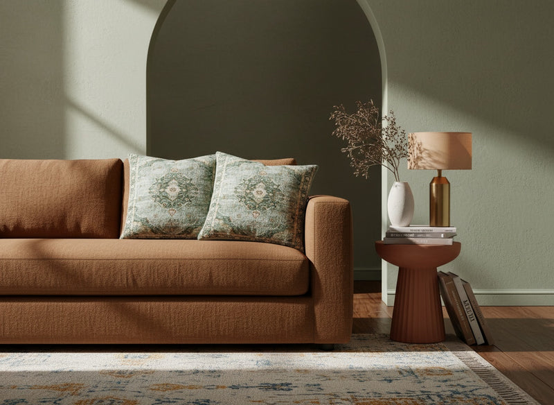 Sage green slub print cushions on a rust sofa against a green arched wall