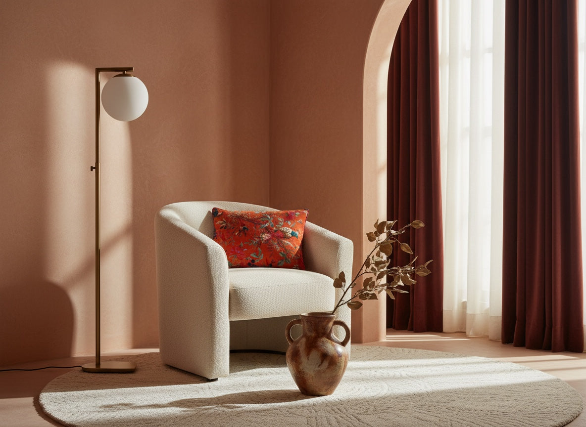 Orange bird print pillow on a cream boucle armchair beside a floor lamp