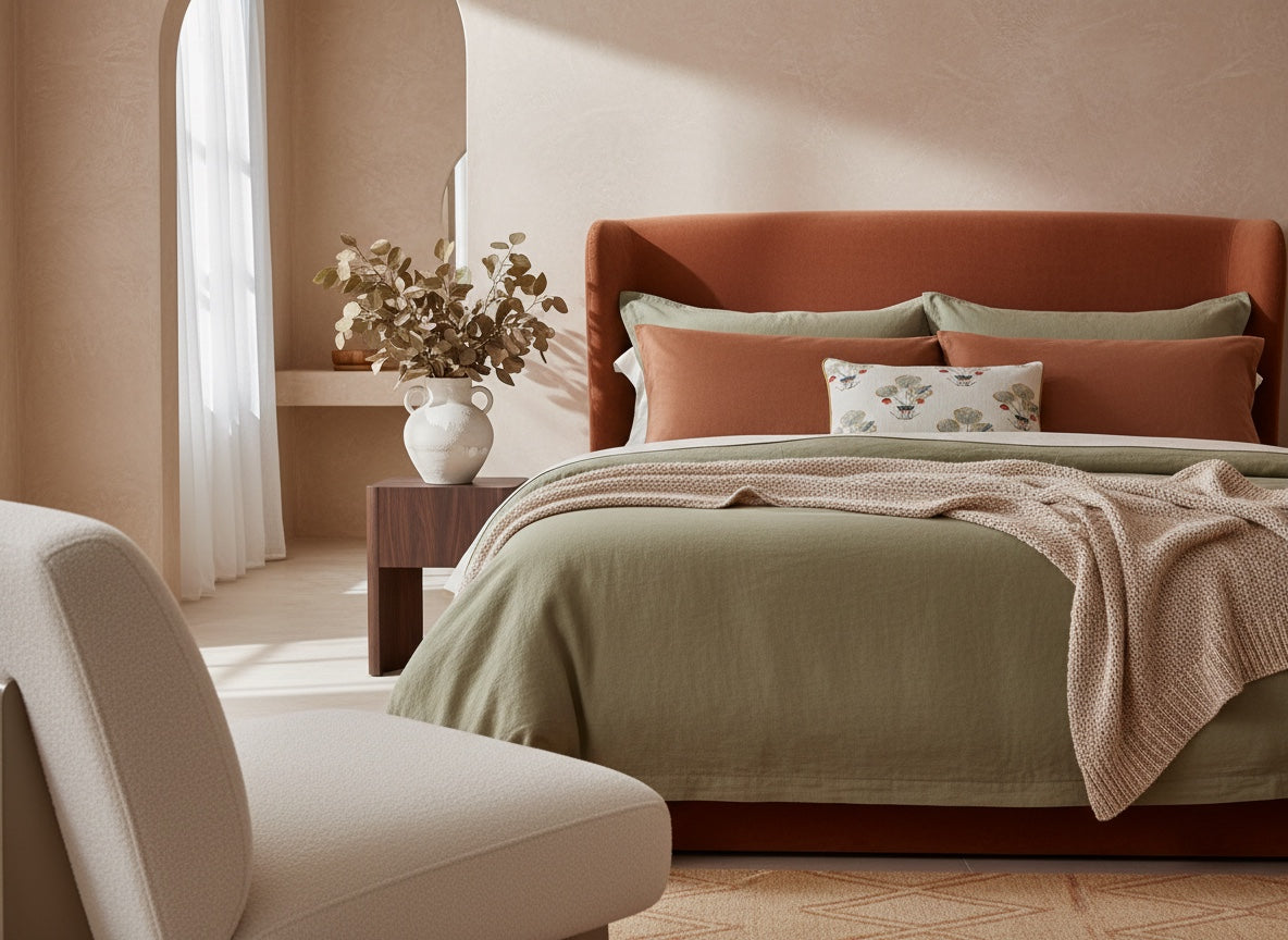 White floral print pillow on a sage green bed against a rust headboard