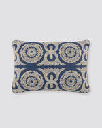 Navy blue rectangular pillow cover with cream Dori cord embroidery, front view