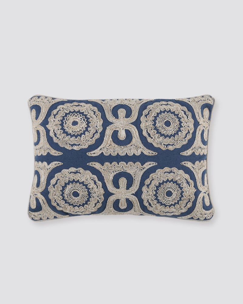 Navy blue rectangular pillow cover with cream Dori cord embroidery, front view