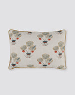 White floral print pillow cover with grey and red flower sprigs and a mustard piped edge