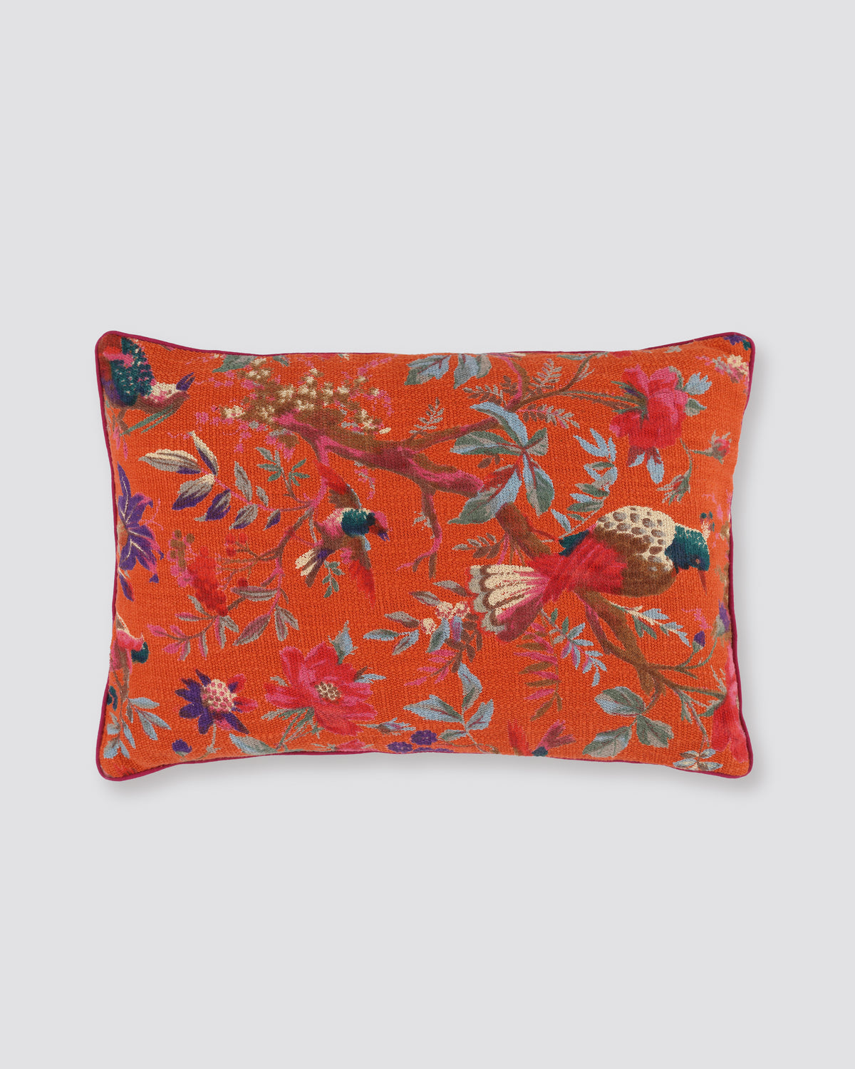 Orange bird print pillow cover with birds and flowers on a bright orange ground