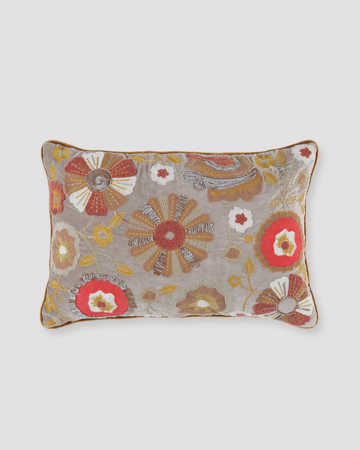 Beige velvet pillow cover with layered dori floral embroidery and rust piping