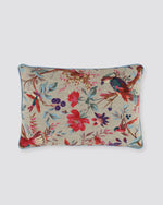 Beige bird print pillow cover with colourful birds and flowers, front view