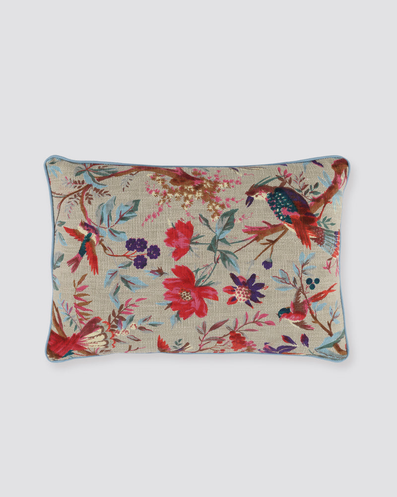 Beige bird print pillow cover with colourful birds and flowers, front view