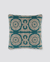 Teal square cushion cover with cream Dori cord embroidery in a medallion pattern