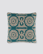 Teal square cushion cover with cream Dori cord embroidery in a medallion pattern