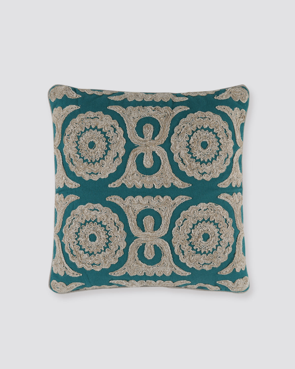 Teal square cushion cover with cream Dori cord embroidery in a medallion pattern