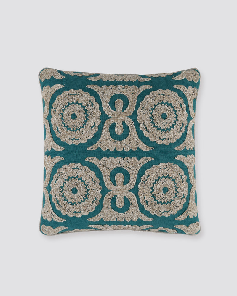 Teal square cushion cover with cream Dori cord embroidery in a medallion pattern