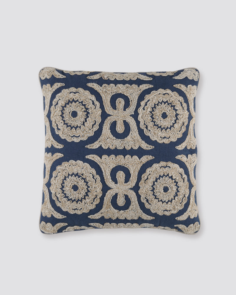 Navy blue square cushion cover with cream Dori cord embroidery, front view