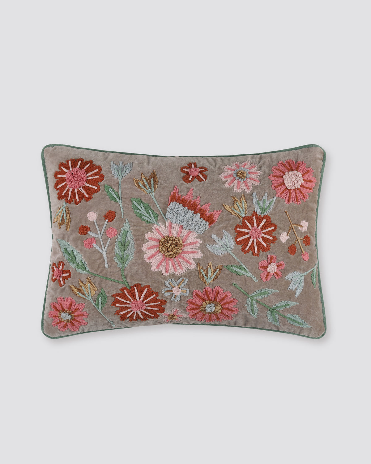 Beige velvet pillow cover with floral dori embroidery in pink, green and blue
