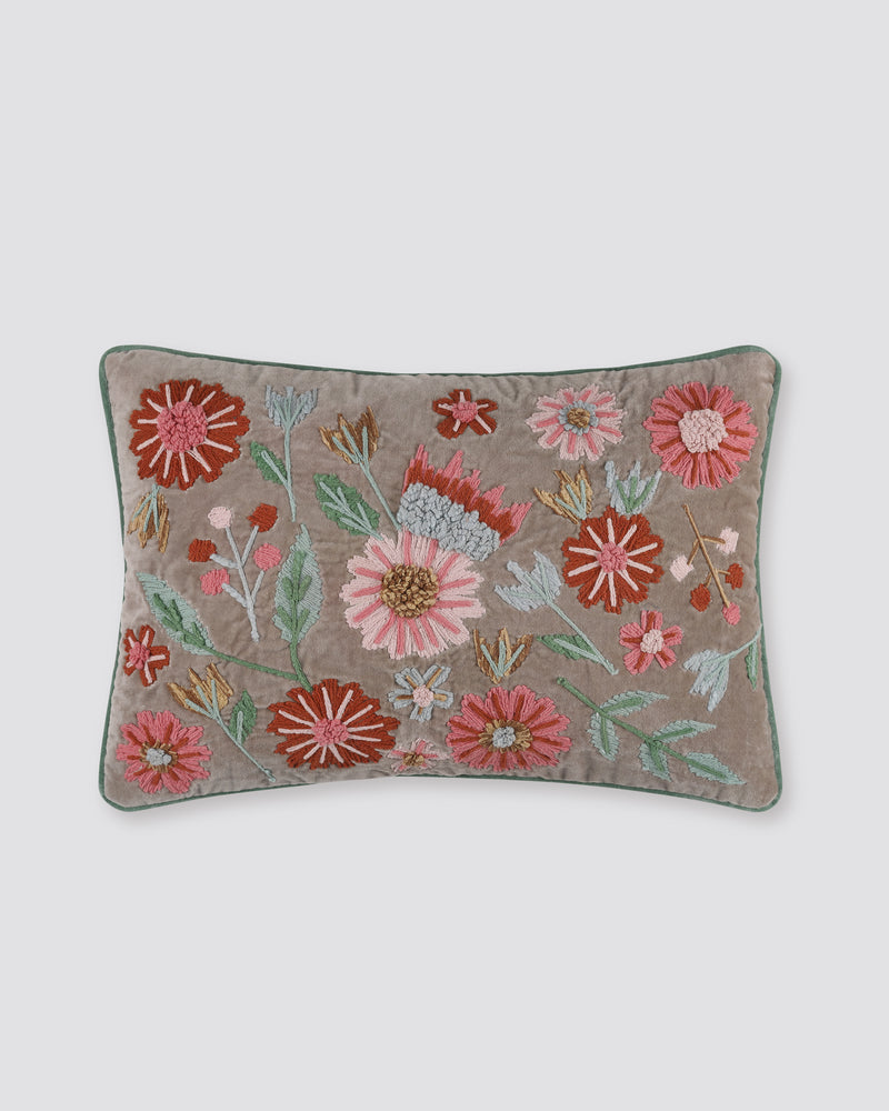 Beige velvet pillow cover with floral dori embroidery in pink, green and blue