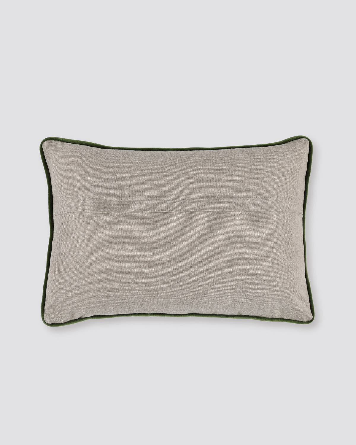 Plain back of the beige velvet embroidered pillow cover with piped edge