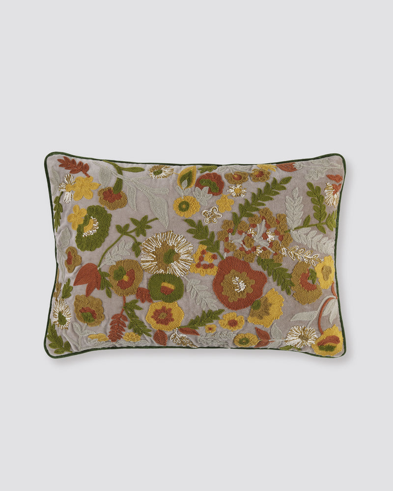Beige velvet pillow cover with multicoloured floral embroidery, front
