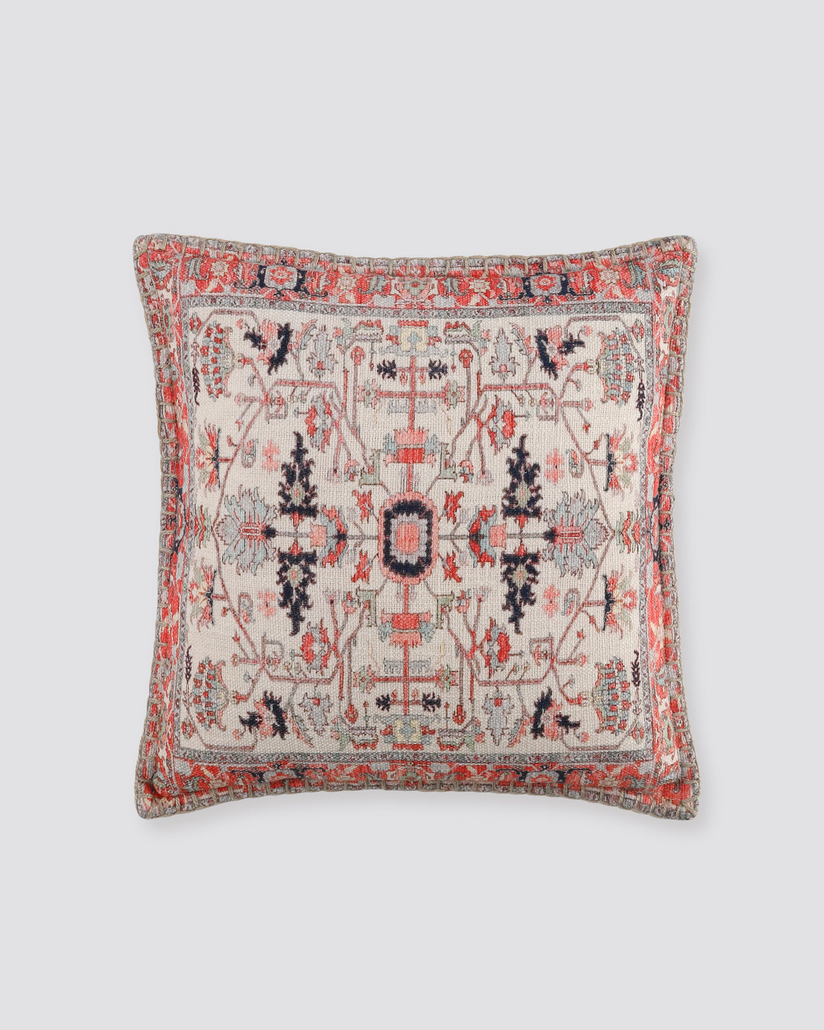 Multicolour slub cotton cushion cover with a pink, red and navy rug-style print