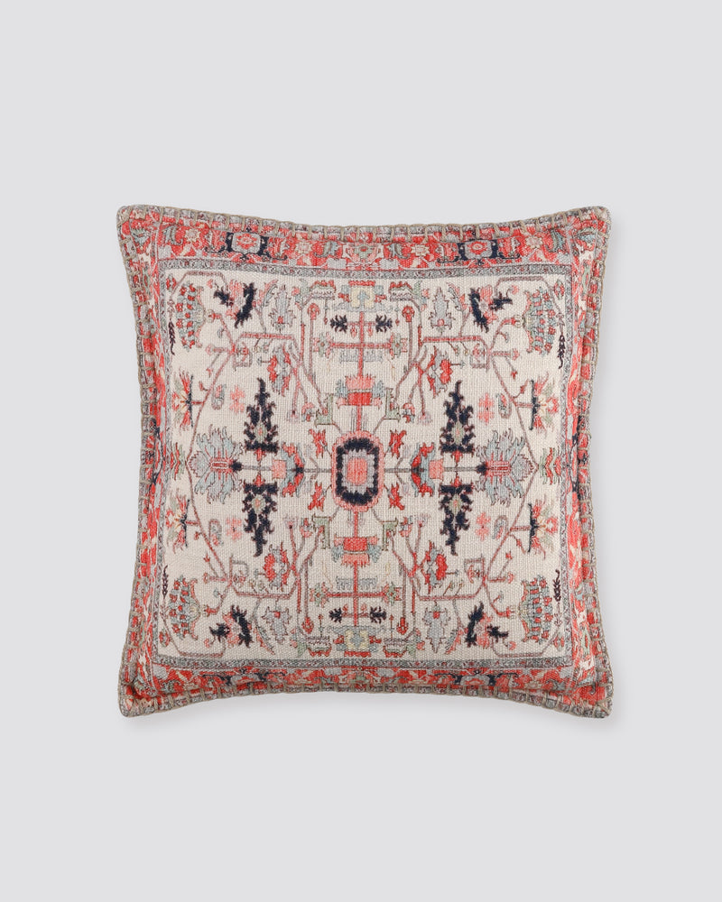 Multicolour slub cotton cushion cover with a pink, red and navy rug-style print