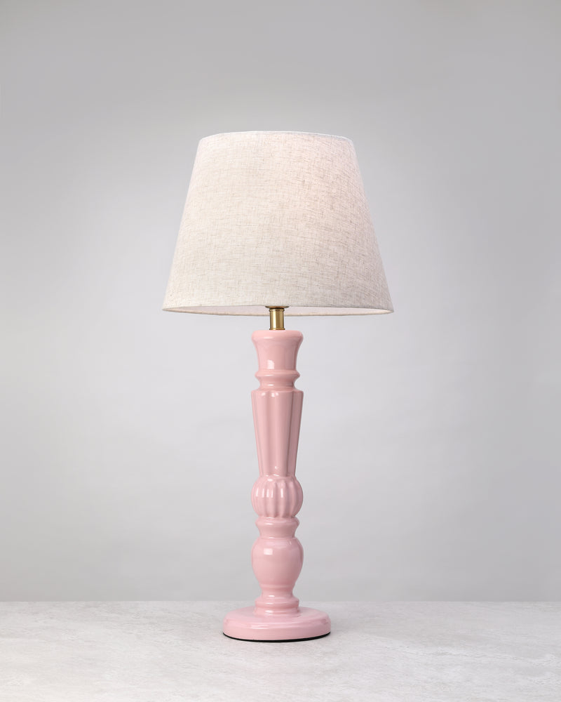 Bloom mango wood table lamp in soft pink with a linen shade