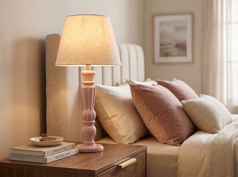 Soft pink Bloom mango wood lamp lit on a bedside table