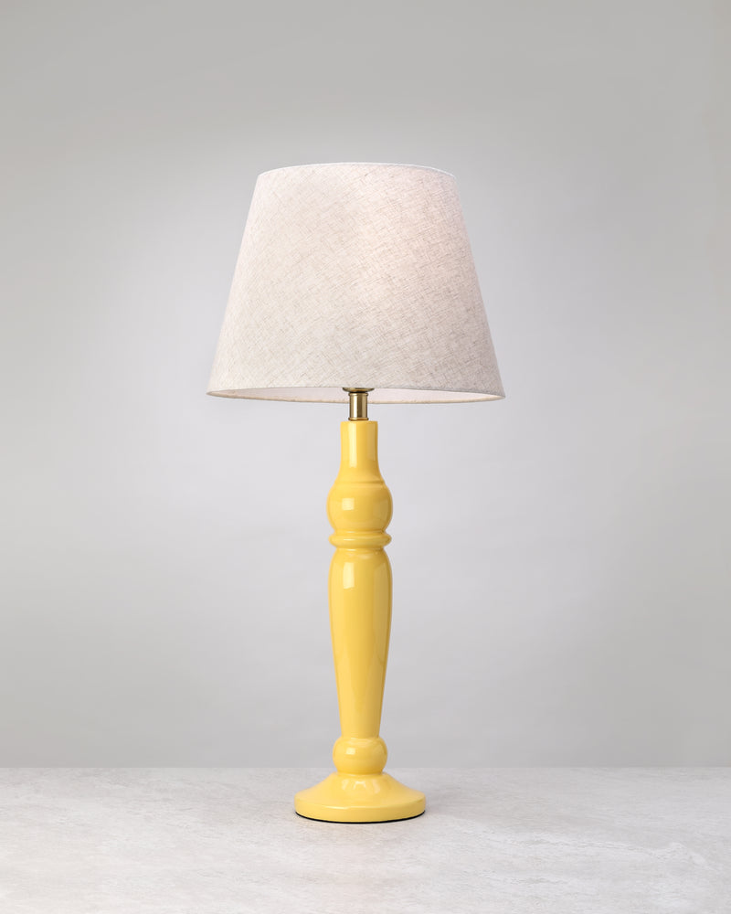 Sunlit mango wood table lamp in yellow with a linen shade