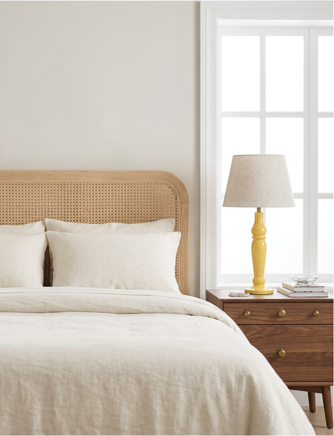 Yellow Sunlit mango wood lamp on a bedside table