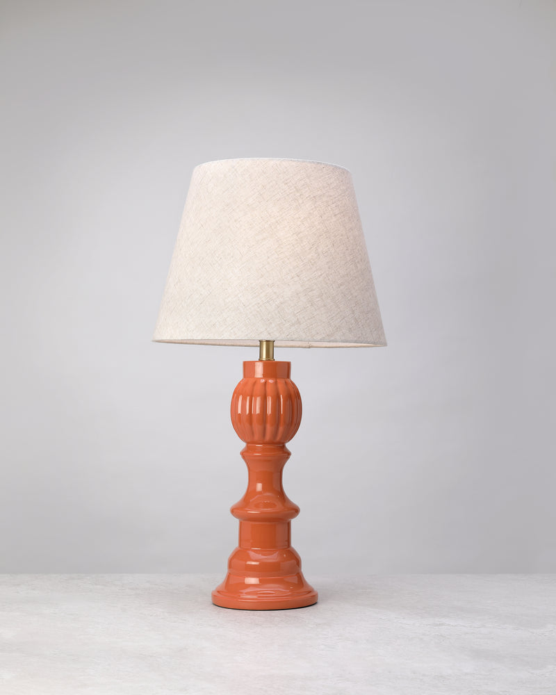Ember mango wood table lamp in burnt orange with a linen shade