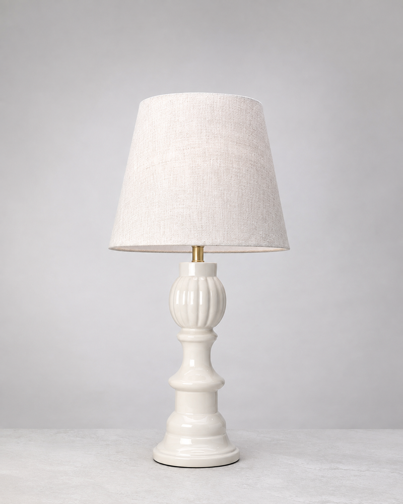 Ember mango wood table lamp in warm white with a linen shade