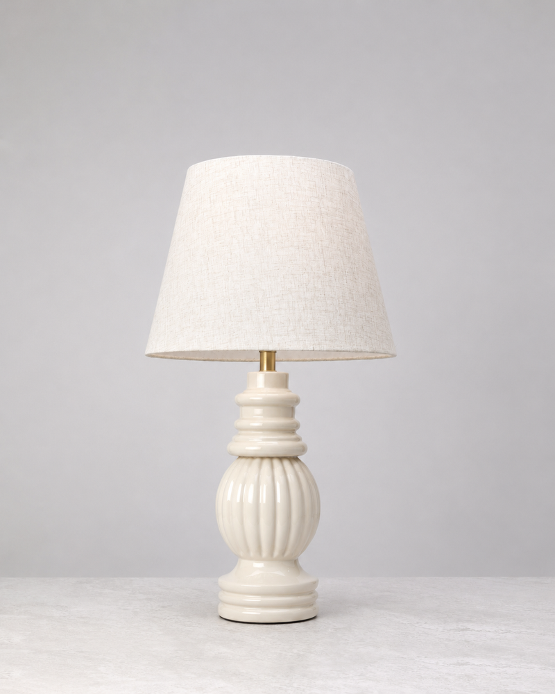 Hearth mango wood table lamp in warm white with a linen shade
