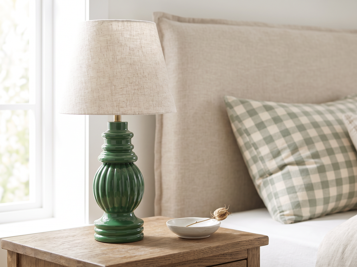 Sage green Hearth mango wood lamp on a bedside table