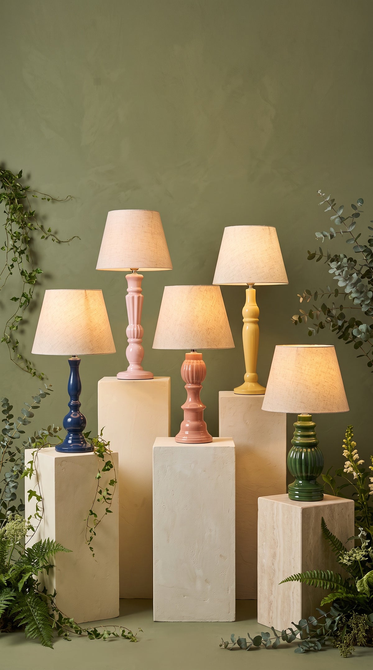 Pastel mango wood table lamps with linen shades