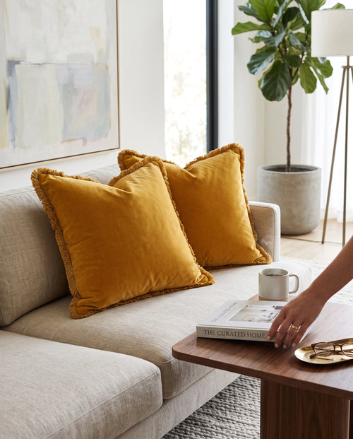 Mustard Fringed Velvet Cushion Cover