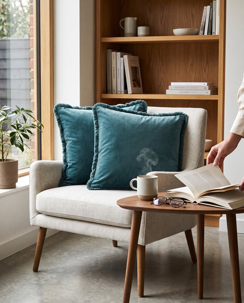 Teal fringed velvet cushions on a cream armchair beside a bookshelf and side table