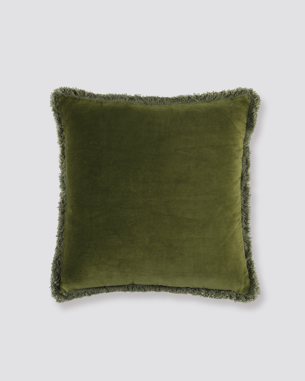 Olive green velvet cushion cover with a fringed edge