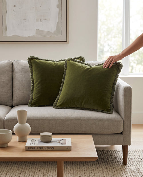 Olive Green Fringed Velvet Cushion Cover
