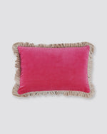 Pink velvet lumbar cushion cover with a contrast frill edge
