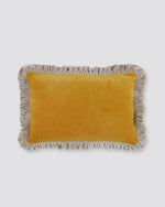 Mustard velvet lumbar cushion cover with a contrast frill edge