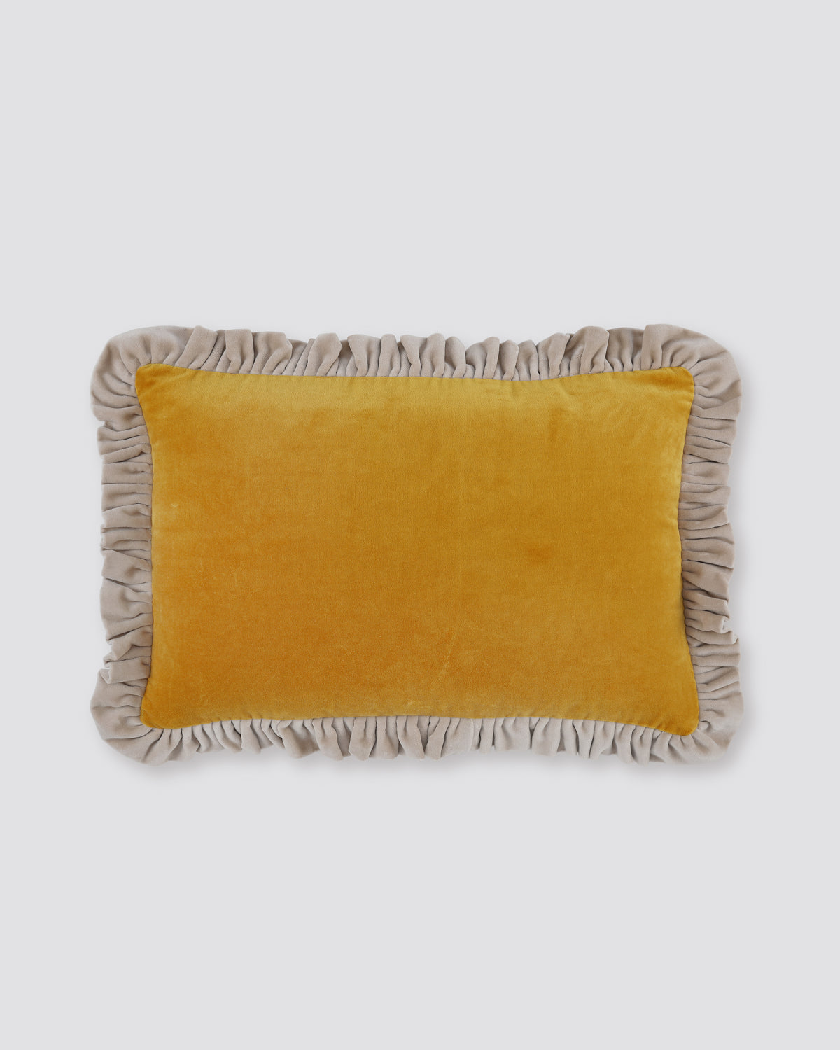 Mustard velvet lumbar cushion cover with a contrast frill edge