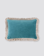 Teal velvet lumbar cushion cover with a contrast frill edge