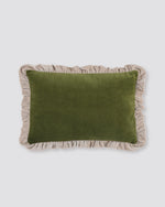 Olive green velvet lumbar cushion cover with a contrast cream frill edge, front view