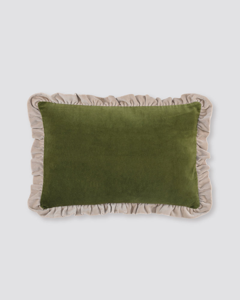 Olive green velvet lumbar cushion cover with a contrast cream frill edge, front view