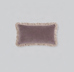 Dusty pink velvet lumbar cushion cover with a contrast cream frill edge, front view