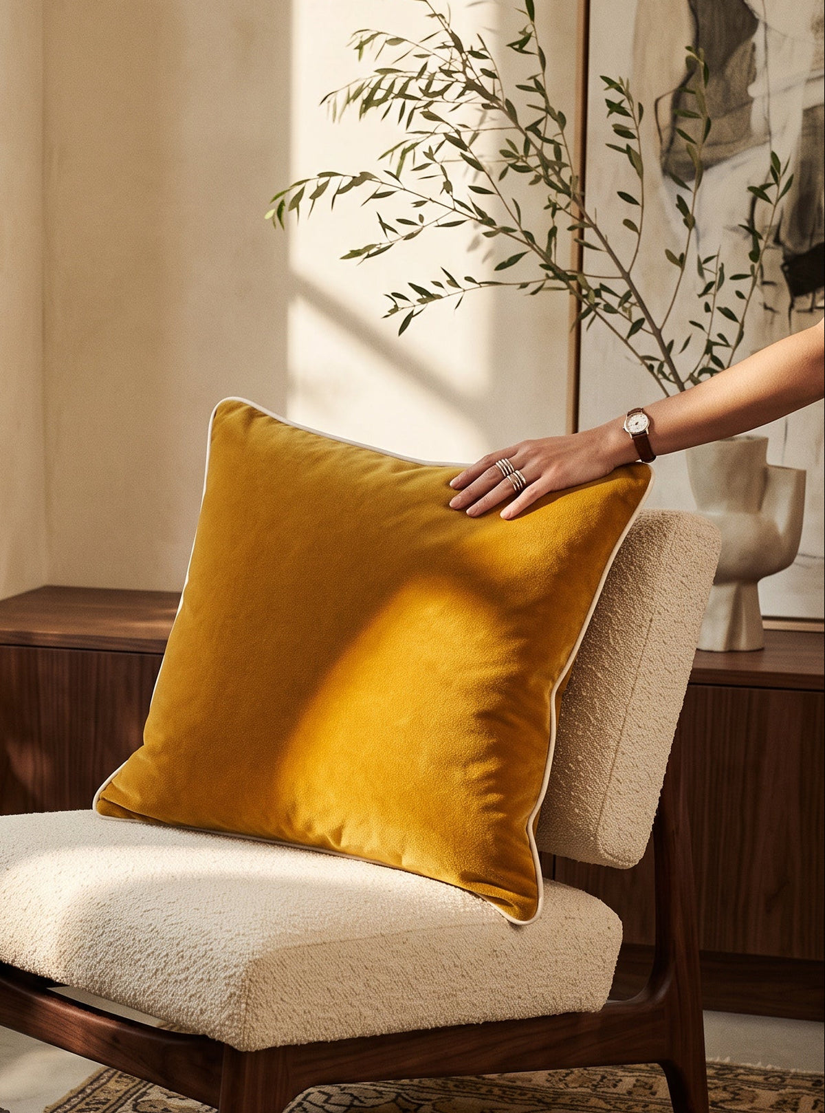 Mustard piped velvet cushion on a cream armchair, a hand resting on it