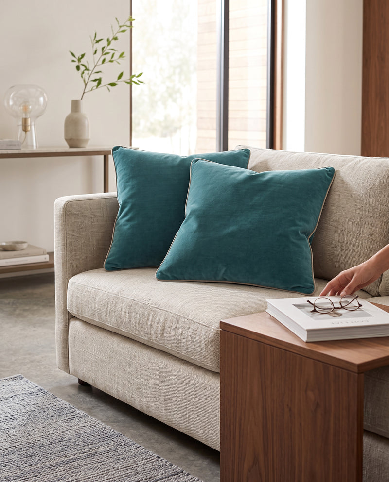 Two teal piped velvet cushions on a cream sofa beside a wooden coffee table